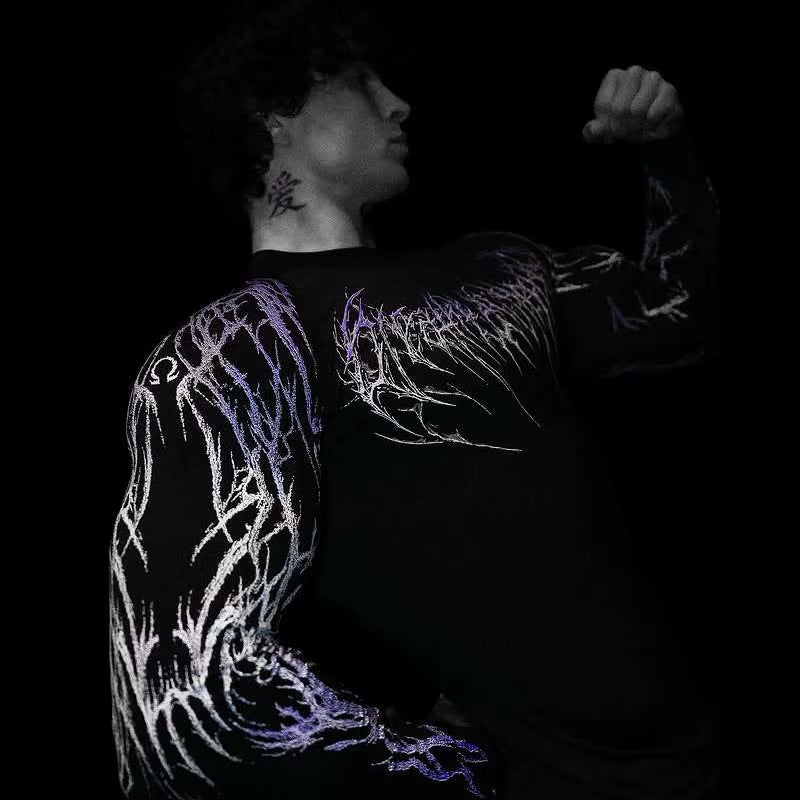 Men'S Compression Sports Shirt Gothic Lightning Print GYM Fitness Top Autumn Quick Dry Breathable Bodybuilding Long Sleeve Tee