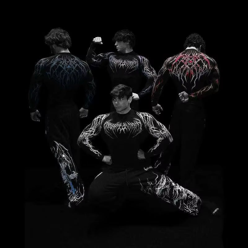 Men'S Compression Sports Shirt Gothic Lightning Print GYM Fitness Top Autumn Quick Dry Breathable Bodybuilding Long Sleeve Tee