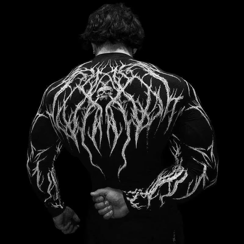 Men'S Compression Sports Shirt Gothic Lightning Print GYM Fitness Top Autumn Quick Dry Breathable Bodybuilding Long Sleeve Tee