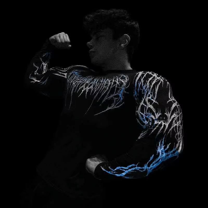 Men'S Compression Sports Shirt Gothic Lightning Print GYM Fitness Top Autumn Quick Dry Breathable Bodybuilding Long Sleeve Tee