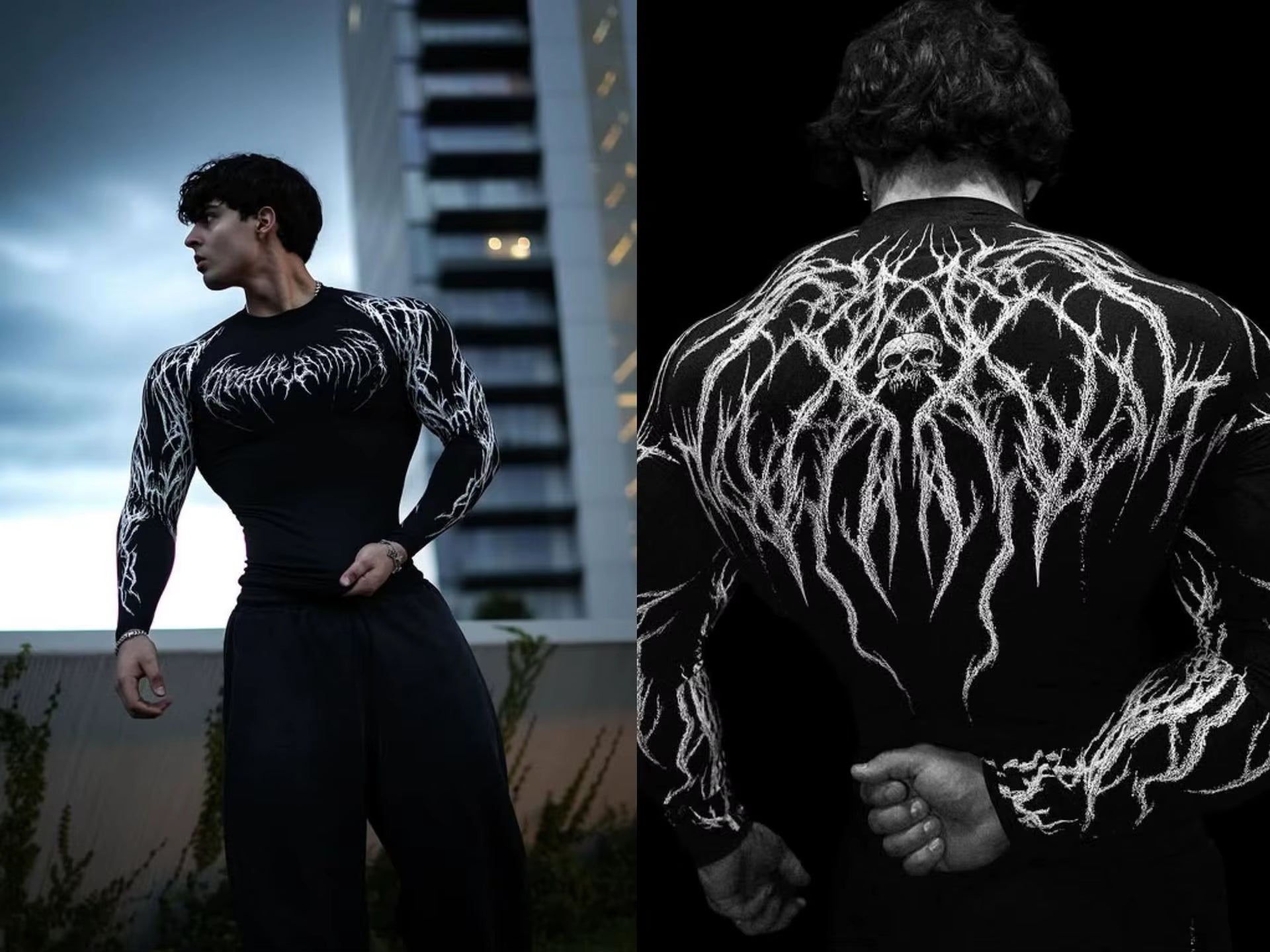 Men'S Compression Sports Shirt Gothic Lightning Print GYM Fitness Top Autumn Quick Dry Breathable Bodybuilding Long Sleeve Tee