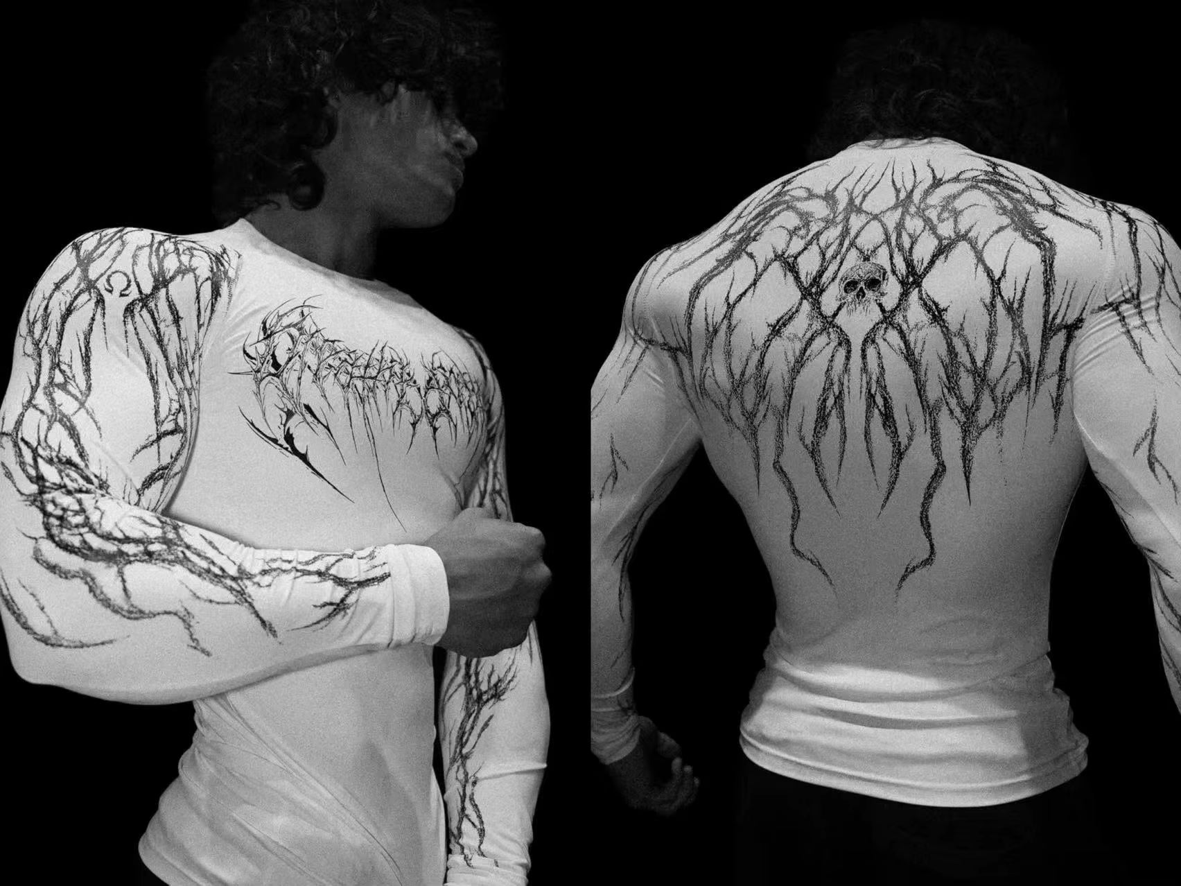 Men'S Compression Sports Shirt Gothic Lightning Print GYM Fitness Top Autumn Quick Dry Breathable Bodybuilding Long Sleeve Tee