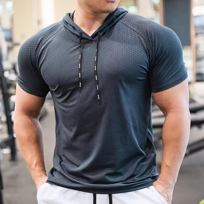 Men Running Hoodies Bodybuilding Sport Hooded Short Sleeve Gyms Fitness Clothing Muscle Shirt Quick Drying Training T-Shirt
