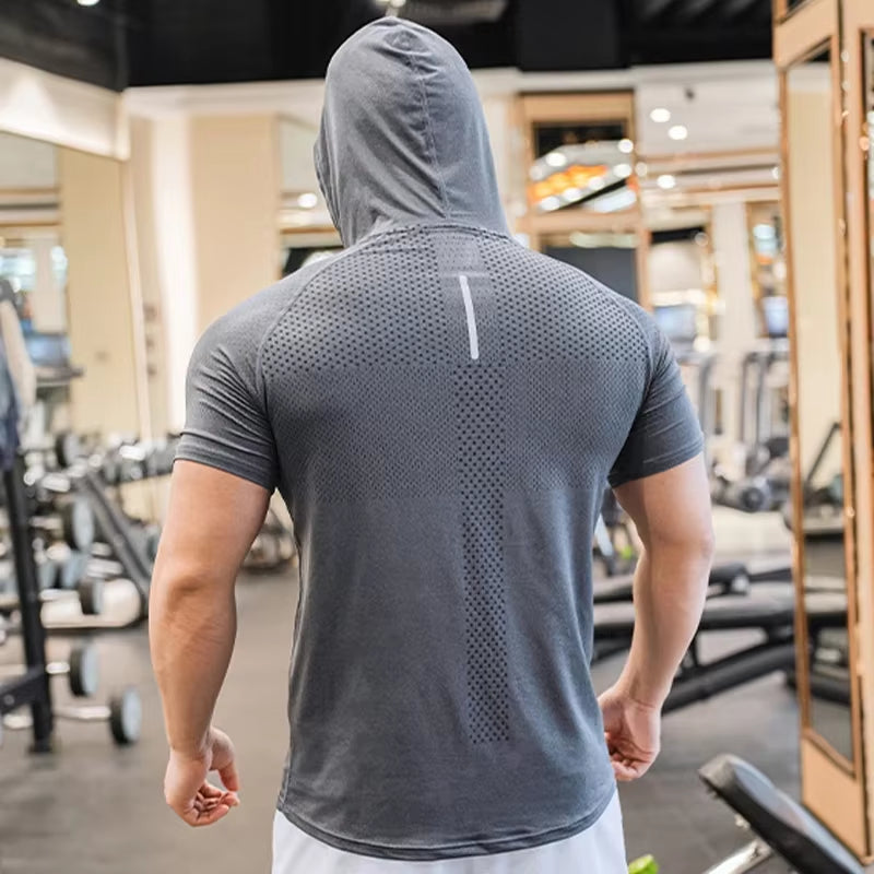 Men Running Hoodies Bodybuilding Sport Hooded Short Sleeve Gyms Fitness Clothing Muscle Shirt Quick Drying Training T-Shirt